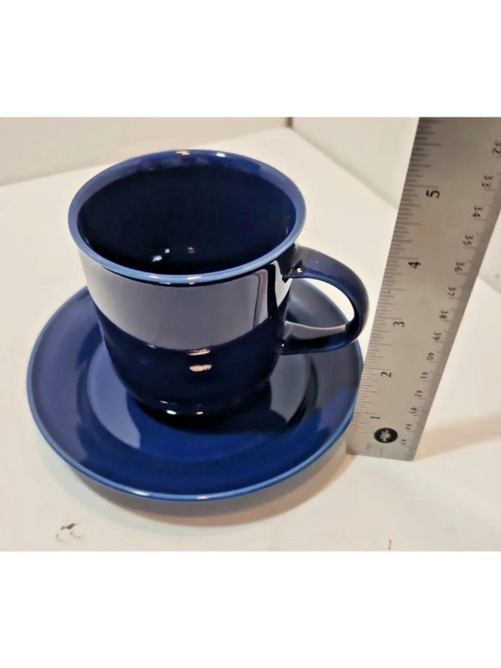 Vtg Set 3 Nancy Calhoun Stoneware Sapphire Blue Cups & Saucers